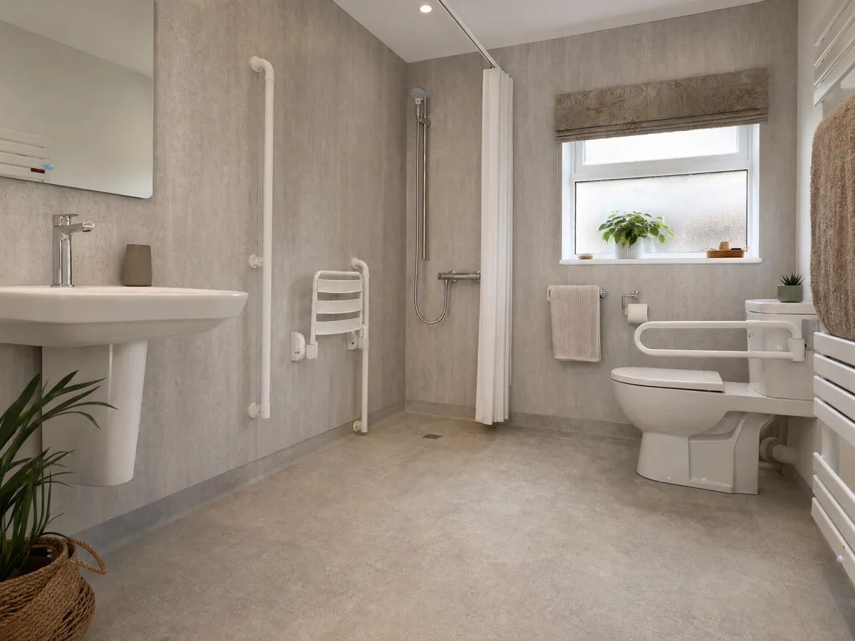 An accessible bathroom with a level-access shower, a fold-down seat and grab rails