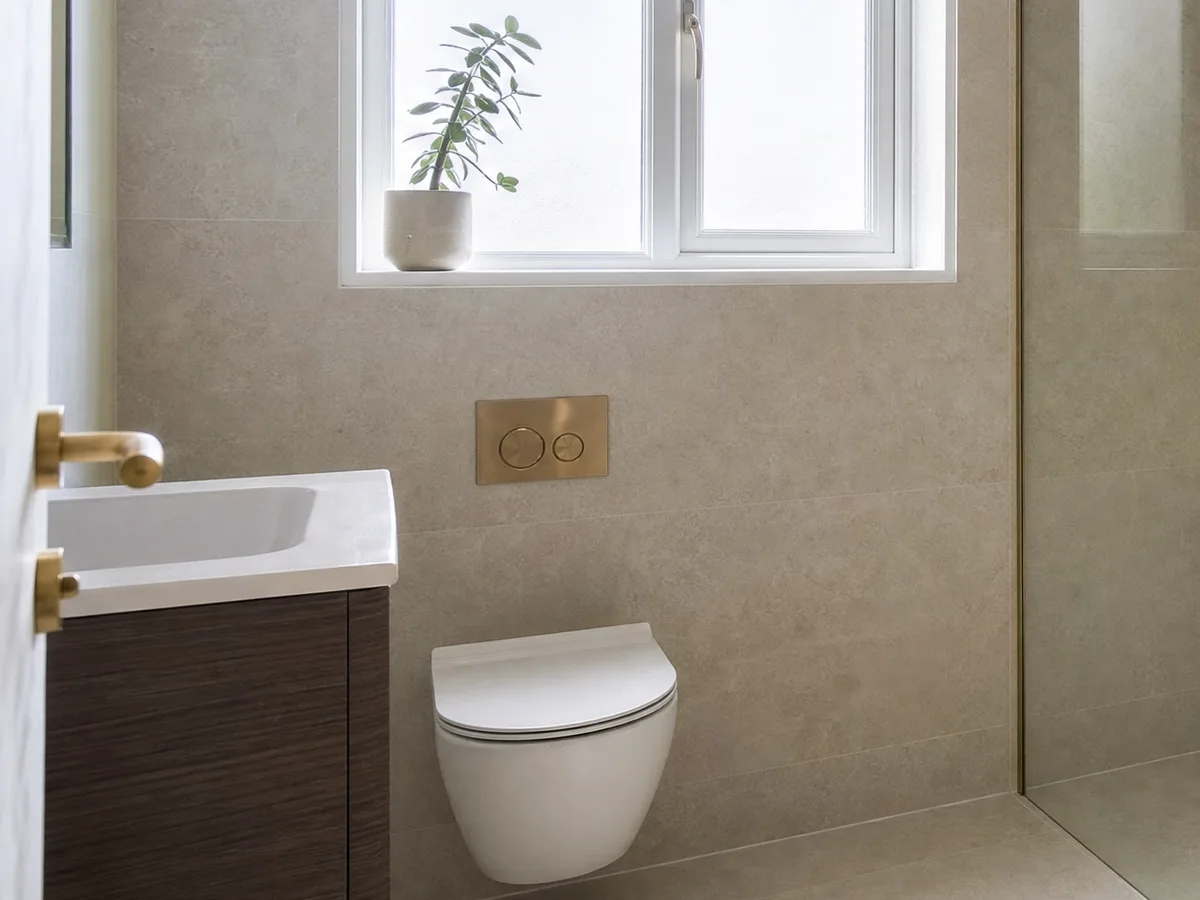 A compact cloakroom with a wall-hung toilet, a small basin on a dark vanity unit and a brass flush plate