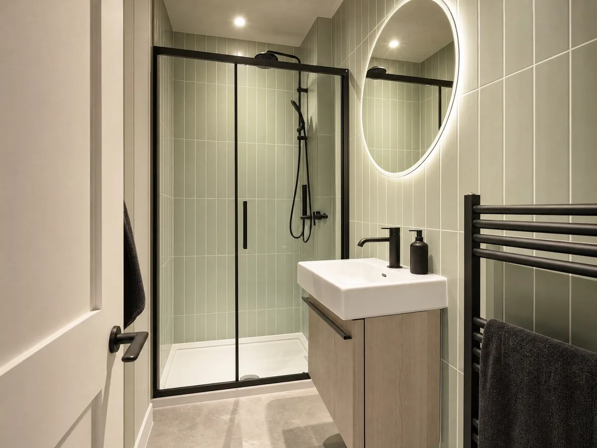A compact en-suite with a sliding-door shower, a round lit mirror and a black heated towel rail
