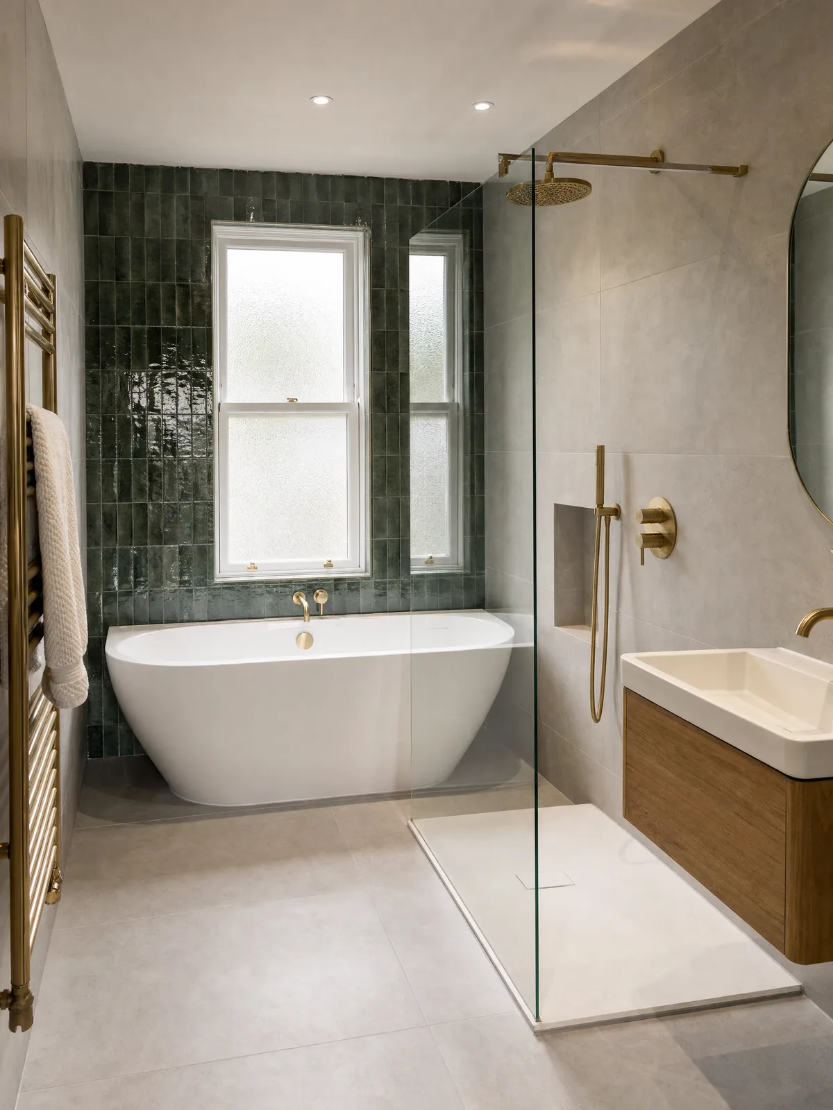 A bathroom with a freestanding bath against green glazed tiles, a walk-in shower with brass fittings and an oak vanity unit