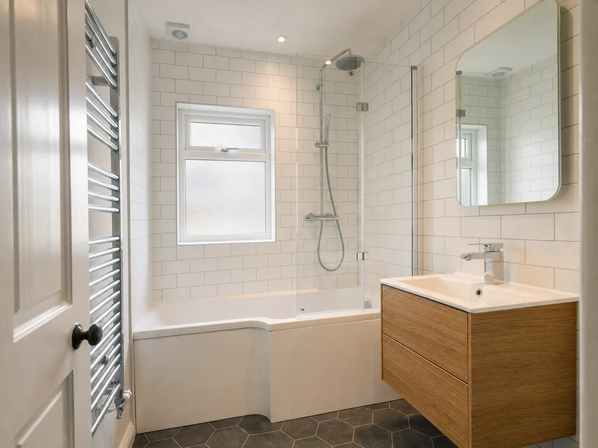 A family bathroom with a shower over the bath, white wall tiles and an oak-effect vanity unit