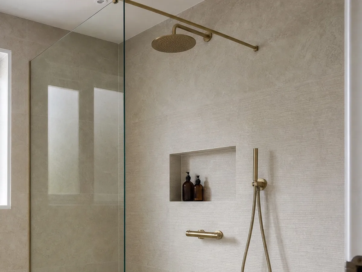 A walk-in shower with a single glass panel, a brass rainfall shower and a tiled niche