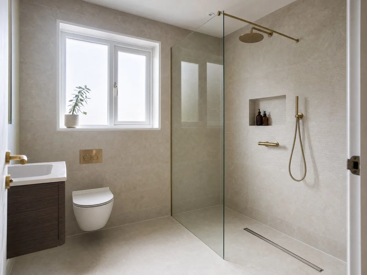 A level-access wet room with a glass panel, brass shower and a linear floor drain